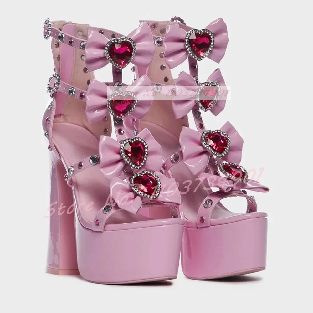 Crystal Pink Bow-knot Lovely Platform Sandals Women Zip Block High Heels Ankle Strap Shoes Round Toe Party Sweet Lolita Sandals