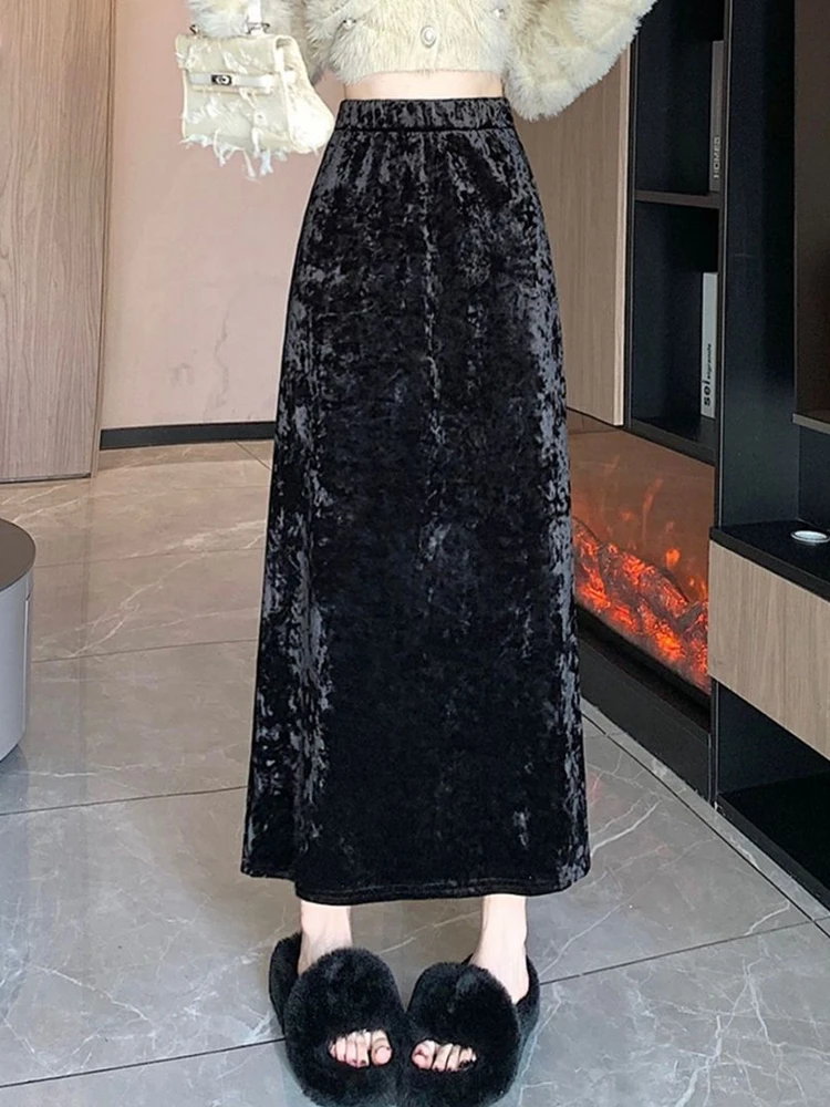 Streetwear Velvet Black Long Skirts Women Casual Winter High Waist Faldas Largas Korean Y2k Clothes Slim Ladies Mid Length Skirt