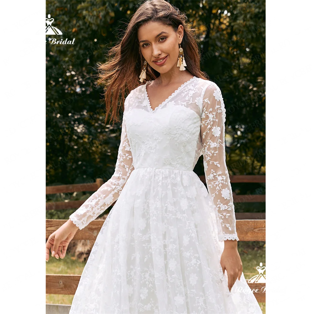 Roycebridal V Neck A Line Wedding Dress 2025 Lace Long Sleeves Court Train Wedding Gownvestido de novia manga larga elegantegeli