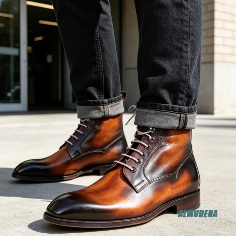 

Retro Lace Up Combat Ankle Boots Men Brown Black Gradient Dress Shoes Outdoor Trendy Versatile Business Wedding Short Boots
