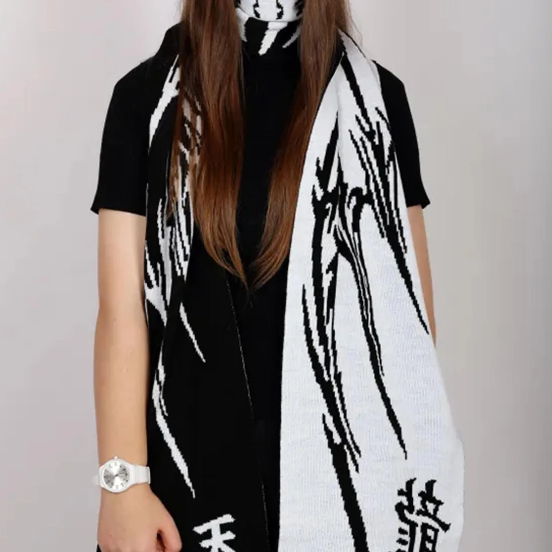 

Y2k autumn and winter new item dark style abstract pattern double-sided jacquard situation trendy versatile scarf headscarf