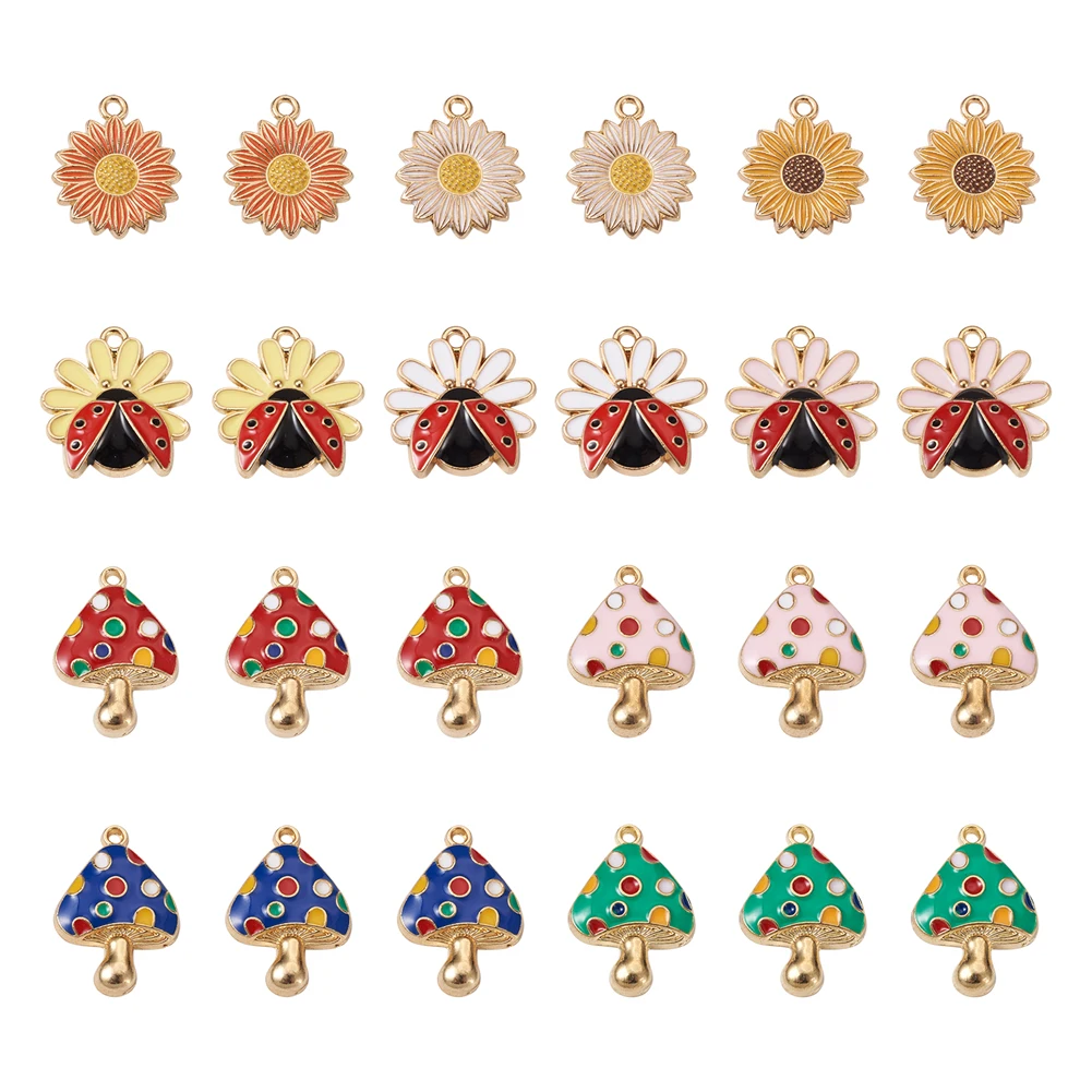 50Pcs Mixed Alloy Enamel Mushroom Flower Ladybug Charms Pendants For Bracelet Necklace Earring DIY Jewelry Making Accessories