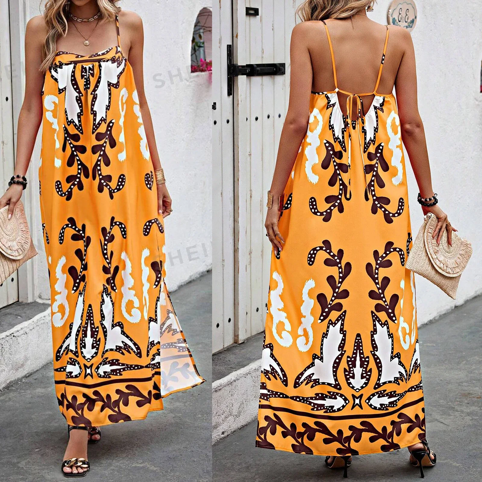 Dames Zomer Boho Spaghetti Bandje Mouwloze Jurk Bloemen Flowy Swing A Line Lange Maxi Strand Jurk Zonnejurk