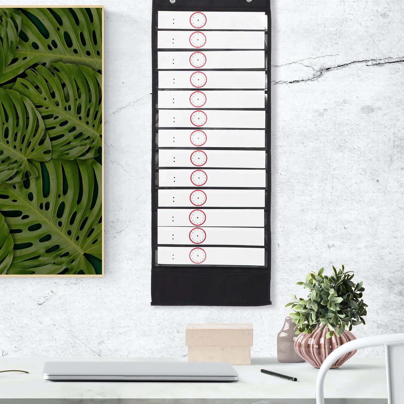 

1pcs Daily Schedule Pocket Chart Black Oxford Fabric Transparent Pet Pockets Dry Erase Cards For Classroom Home Office Preschool