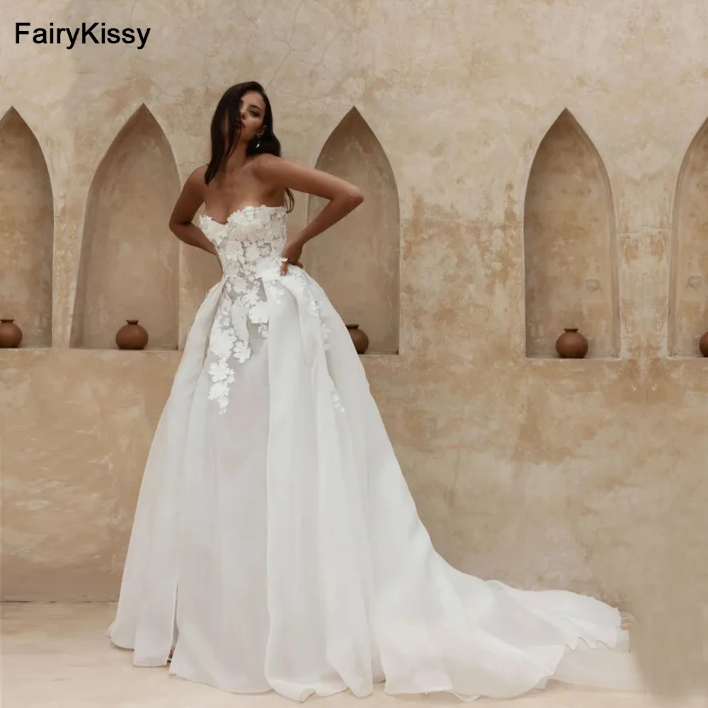 

FairyKissy Lace Strapless Wedding Dresses With Detachable Sleeve Puff Tulle Bride Dress Elegant Elegant Wedding Gowns 2024