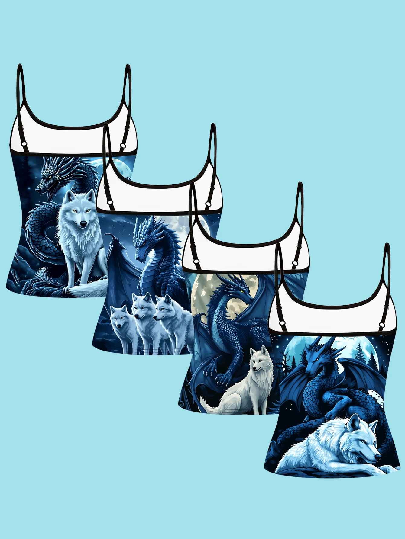 4-Piece Set of Women's Blue Moon Dragon and White Wolf Print Camisoles, Fantasy Moonlight Dragon and Wolf Realistic Pattern Slim-Fit Spaghetti Strap Inner Tops