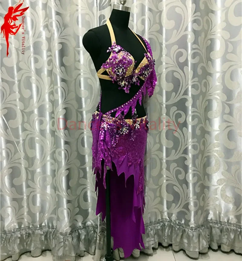 New belly dance clothes Performance clothing purple crystal bra top and short skirt 2pcs girls dance suit lady latin dance suit