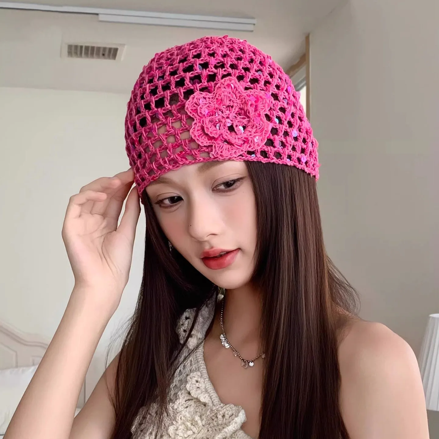 New Y2K Hollow Knitted Hat Pullover Hat Women Korean Fashion Flower Sequin Hat Summer Crochet Hat Beanie Hat Music Festival Hat