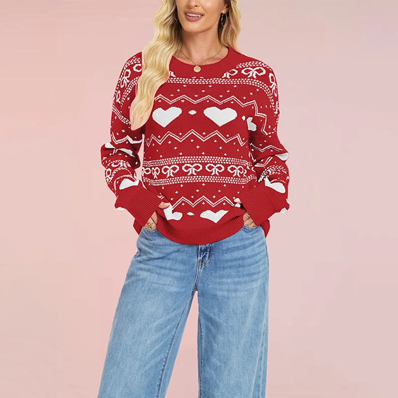 

Fall Winter Women's Valentine's Day Knit Sweater Quality Round Neck Heart Print Long Sleeve Knitwear Casual Pullover