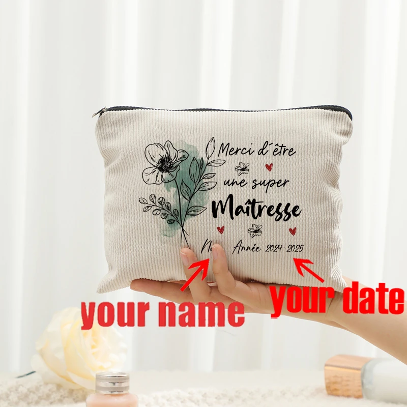 Personalized Floral Maitresse Appreciation Cosmetic Bag Custom Name Toiletry Case Gift for Educators End of School Year Present