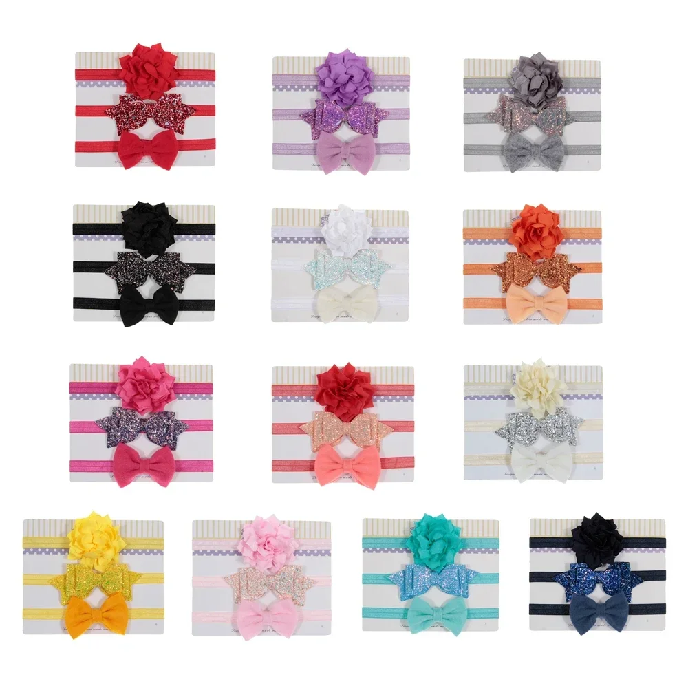 Novo 3 pçs/lote lantejoulas feltro arco flor de lótus elástico headbands crianças fotografia adereços bebê meninas bonito headwear conjuntos de presente aniversário