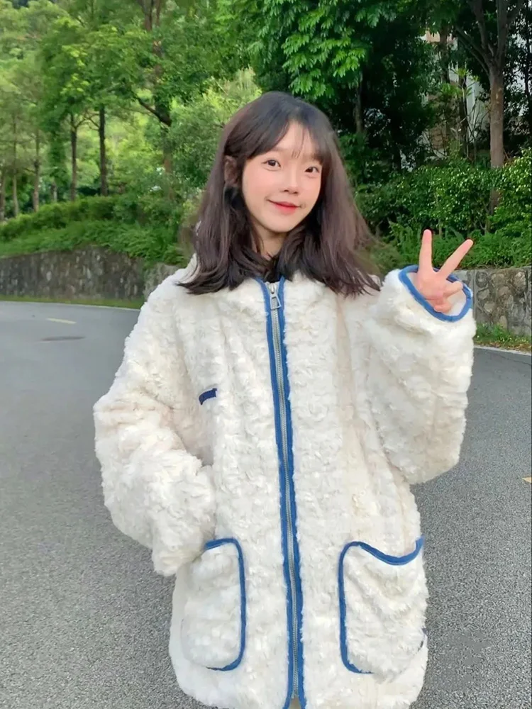 

Sweet White Faux Lamb Coat Women Winter Long Sleeve Cute Warm Jacket Vintage Loose Preppy Style Pockets Hooded Outwear Tops New