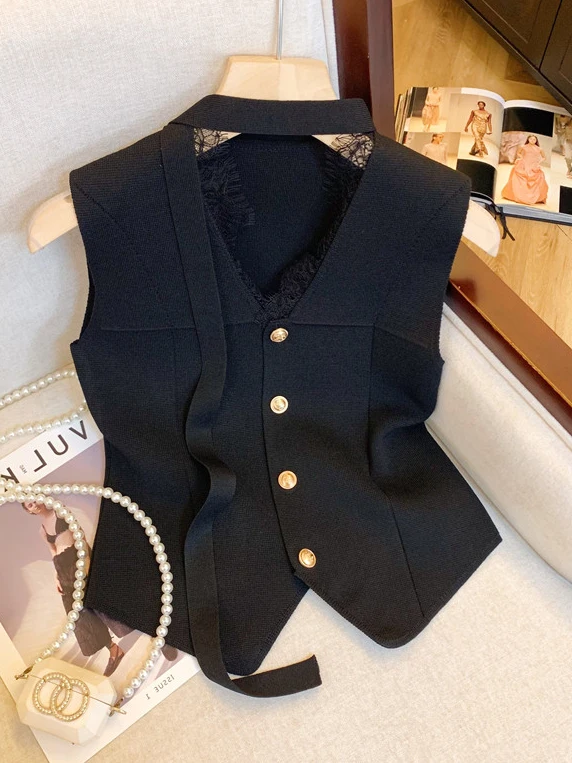 

Ele Lace Trim Knitted Open Cardigan Svel Top for Women Summer Faion Sweet Sle High Waist Loose Fit Spring Casual