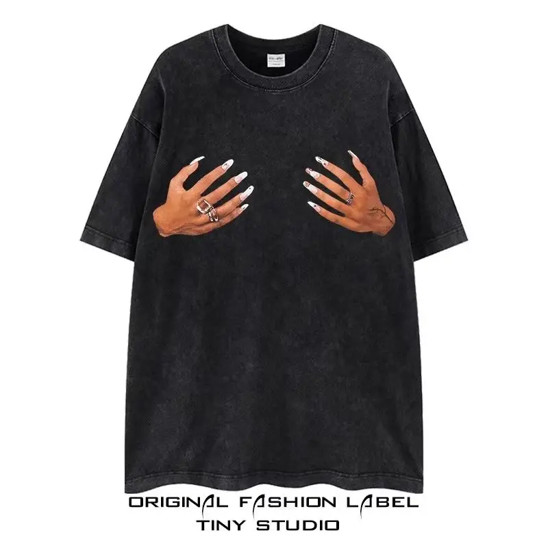 Spoofing Two-Handed Chest T-Shirt Oversized Washed T-Shirt Printed Vintage Punk and Gothic Unisex Adult Hot Stamping 100% Cotton