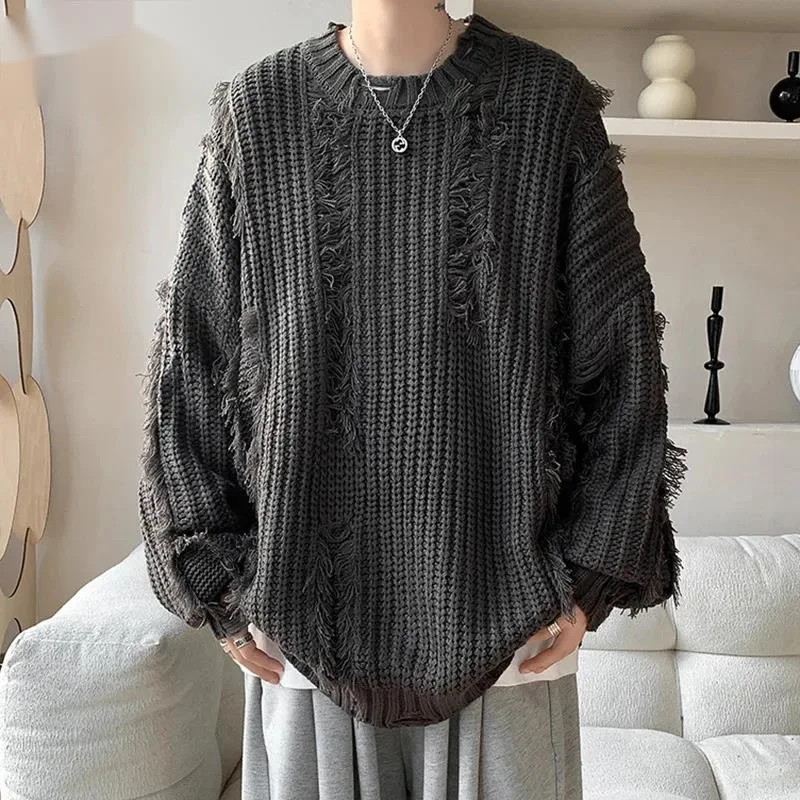 Trend Men's Sweater Ripped Tassel Coarse Twill Design Lazy Loose Knitted Tops Long Sleeve Round Neck Men Pullovers CDFR5