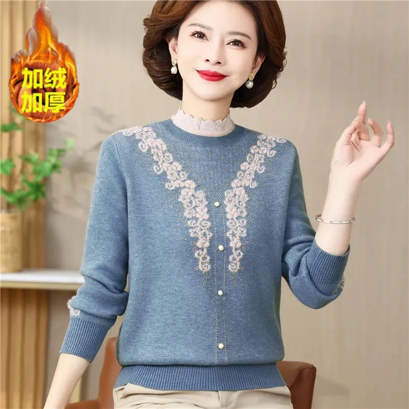 

2024 NEW Mother's Sweater Autumn Winter Thicken Warm Pullovers 4XL Large Size Add Velvet Embroidered Knitted Sweater Women Tops