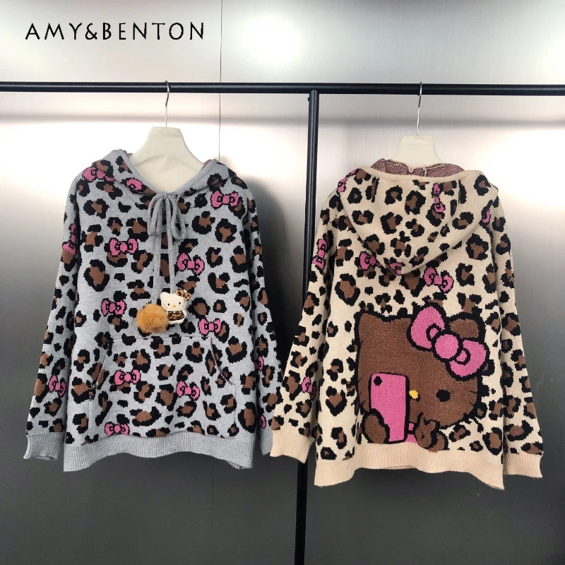 الكورية نمط الرجعية ليوبارد طباعة اللون كتلة معطف بقلنسوة الخريف الشتاء الشباب الكرتون الجاكار البلوز تريكو Y2k سترة #1