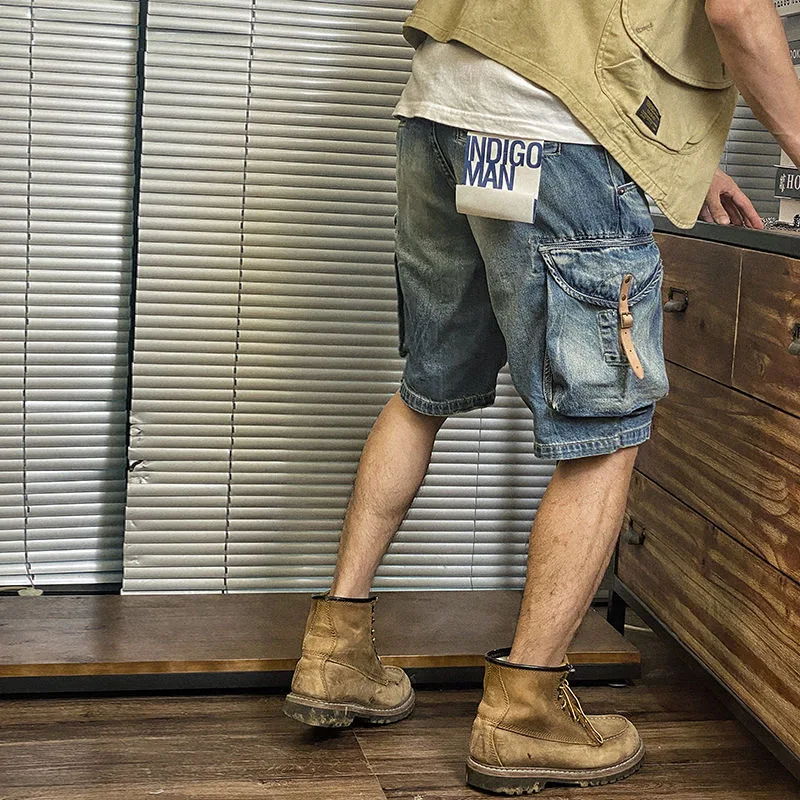 American Style Heavyweight Multi-Pocket Workwear Denim Shorts Men Loose Straight Casual Retro Motorcycle Trendy Five-Quarter ...