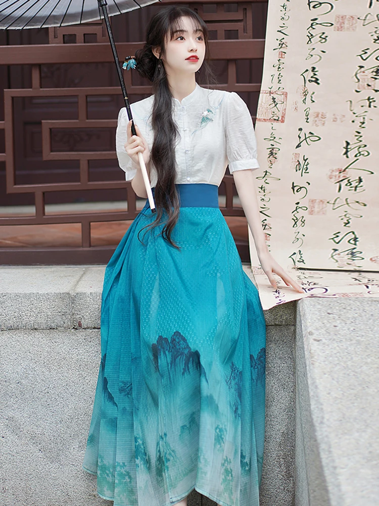 Gradient Horse-Face Skirt Thousand-Li Landscape Small Cropped Mid-Length Daily Hanfu Improved National Style Suit Female Summer