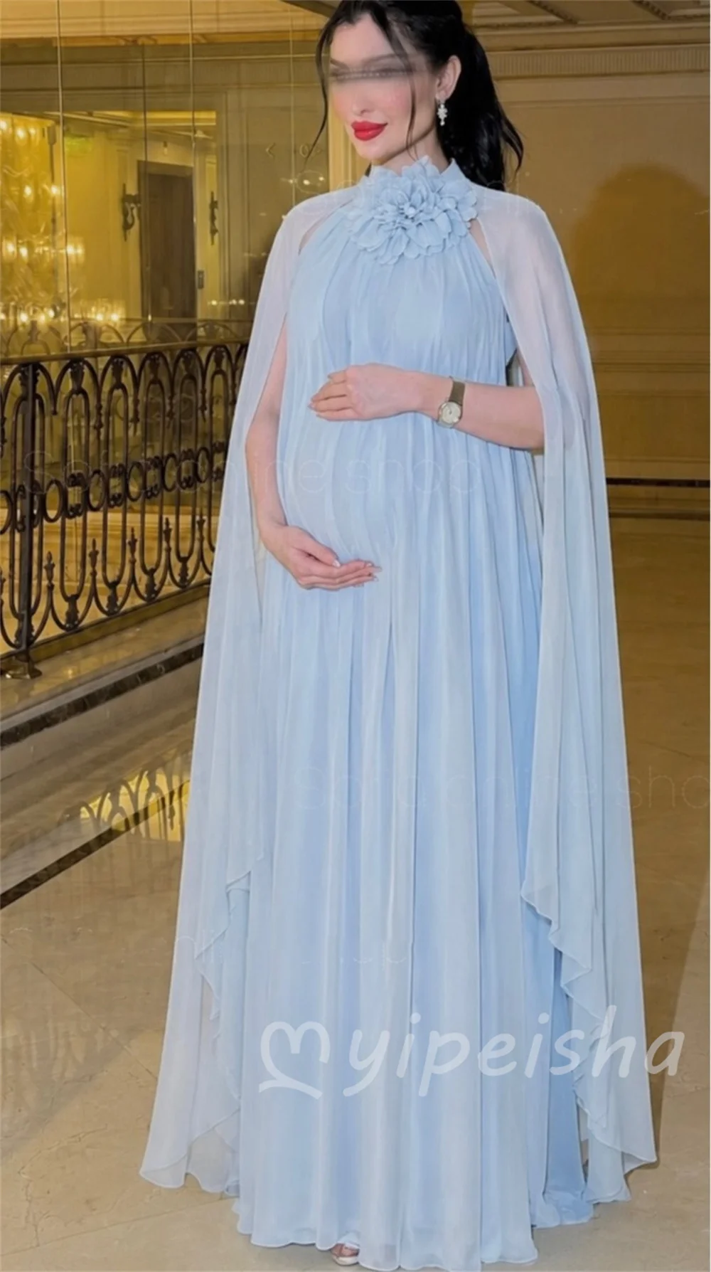 Gentle Matching Chiffon Handmade Flower Pleat Draped A-line High Collar Floor-Length Evening Dresses for Banquet Customized