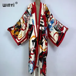 WINYI summer Bohemian Print Bikini Cover-ups Elegant fashion kimono Cardigan sexy Holiday long Sleeve silk feeling loose dress