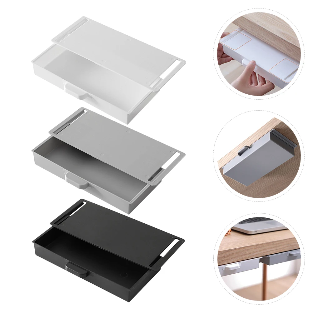 

3pcs Self-Adhesive Under Desk Drawer Pencil Case Storage Box Organizer For Stationery Usb Cables Office