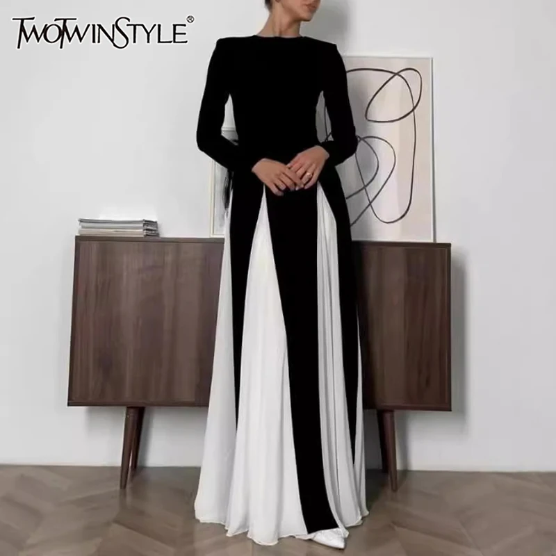 TWOTWINSTYLE Colorblack Patchwork Falten Kleid Für Frauen Rundhals Langarm Hohe Taille Abnehmen Elegante Kleider Weibliche Neue