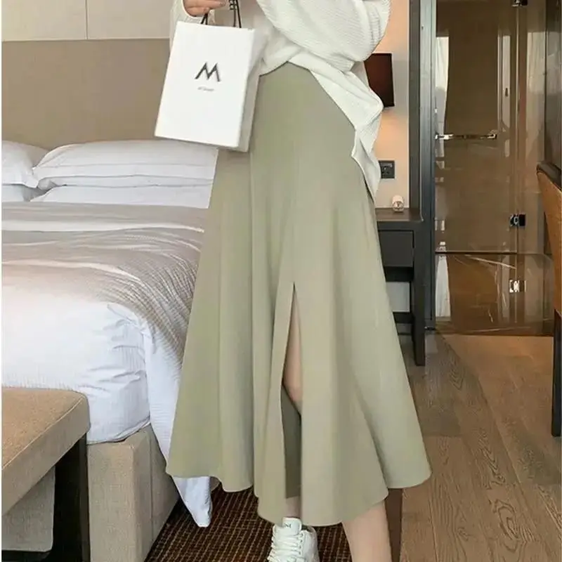 

2024 Summer Women's Casual Fashion Elegant Commuting Solid Color High Waist Fork Versatile Simple A-line Straight Tube Skirt