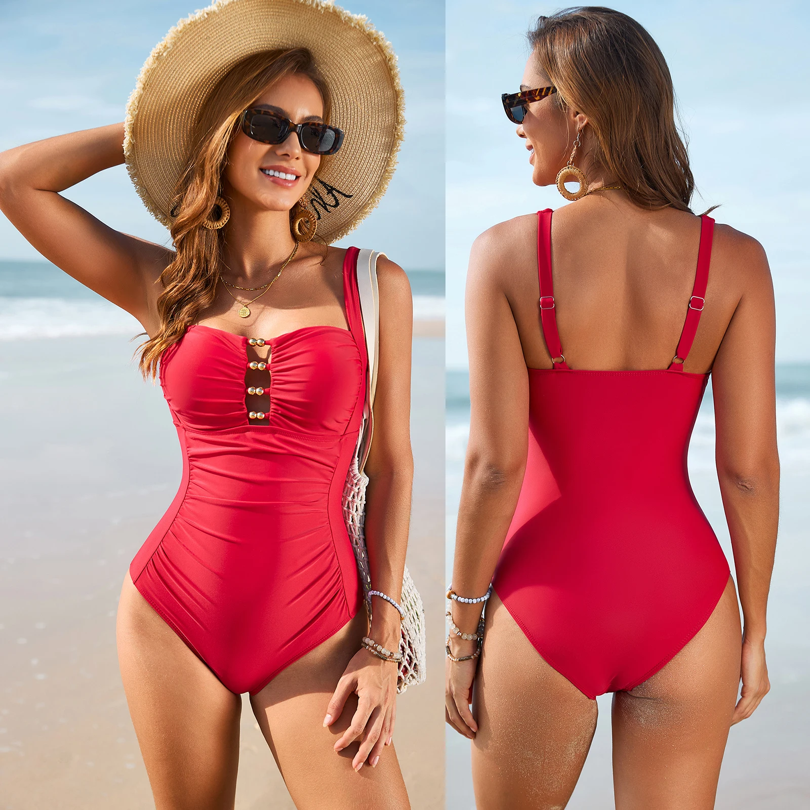 Womens Swimsuit Sleeveless Solid Color Cutout Beaded Decor Ruched  Fit Monokini Bathing Suits