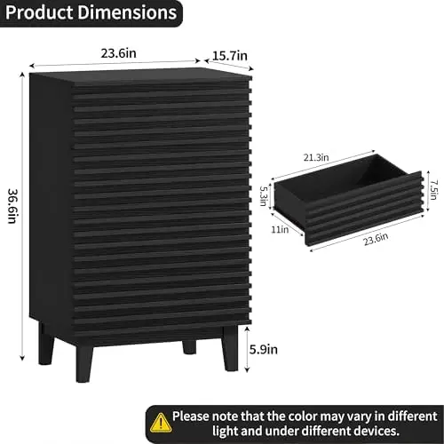 Wood Fluted 4 Drawer Tall Dresser, Mid Century Black Wide Chest of Drawers with Handle-Free Metal-Glide Drawers for