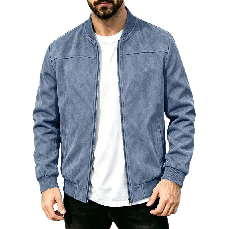Men'S High-Quality Suede Zip-Up Jacket For Spring And Autumn，Baseball Collar Casual Trendy Bomber Jacket With Zipper！