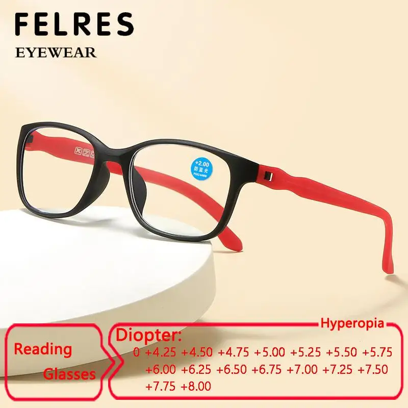 

Brand Design Screwsless Square Reading Glasses Women Highly Diopter +4.25 to +8.0 Anti Blue Light Presbyopia Eyewear Readers