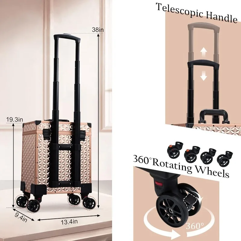 Imagem -05 - Maquiagem Case de Alumínio com Gavetas Deslizantes Trolley Train Case 360 ° Rodas Giratórias Cosméticos Organizador para Makuep Artista Viagem