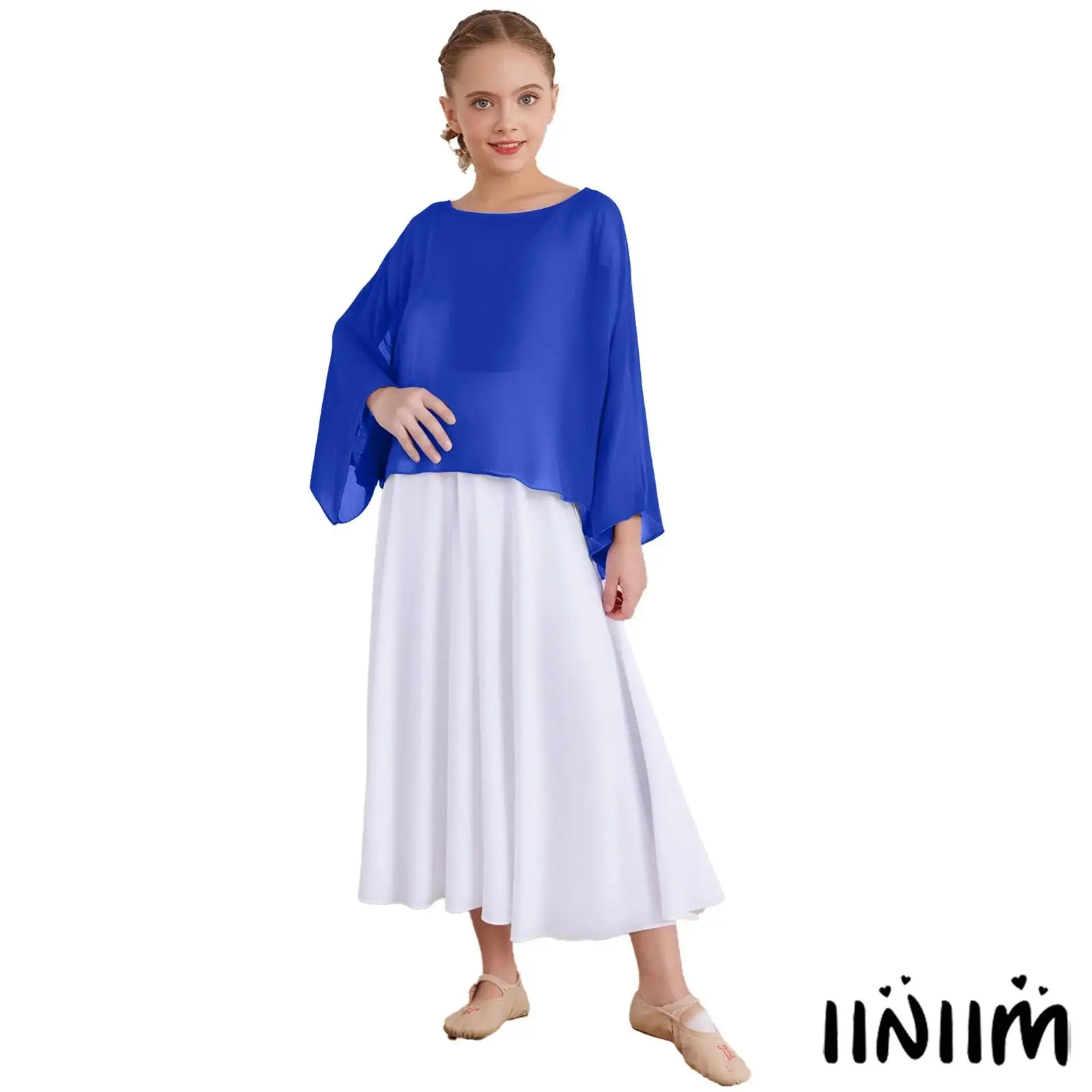 

Kid Girls Praise Liturgical Dance Outfit Round Neck Long Sleeve Pullover Chiffon Shrugs Top with Rhinestone Maxi Dress Dancewear
