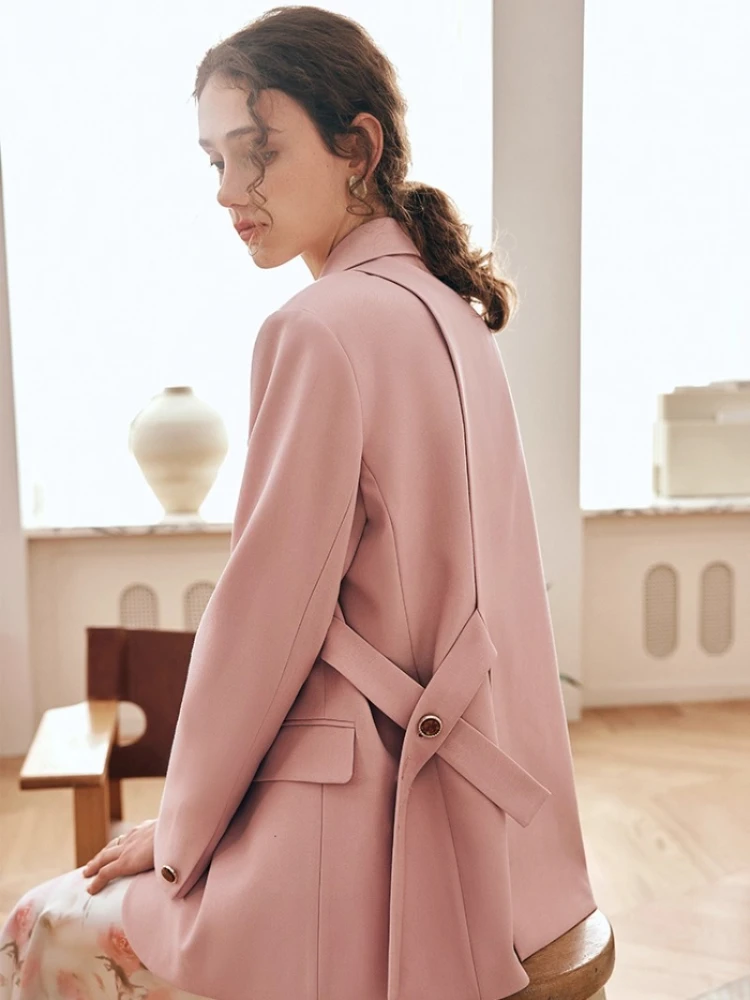 OLrain French Pink Coats Women's 2022  Autumn Winter Sashes Single Breasted Blazers for Woman Office Elegant Tops O23CW69308
