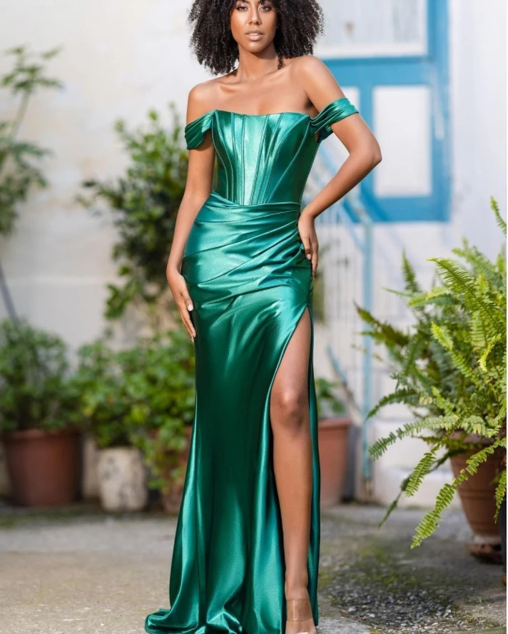 

Mermaid High Slit Prom Dresses Off Shoulder Evening Dress with Sweep Train Wedding Guest Dress Abendkleider Robes De Soirée