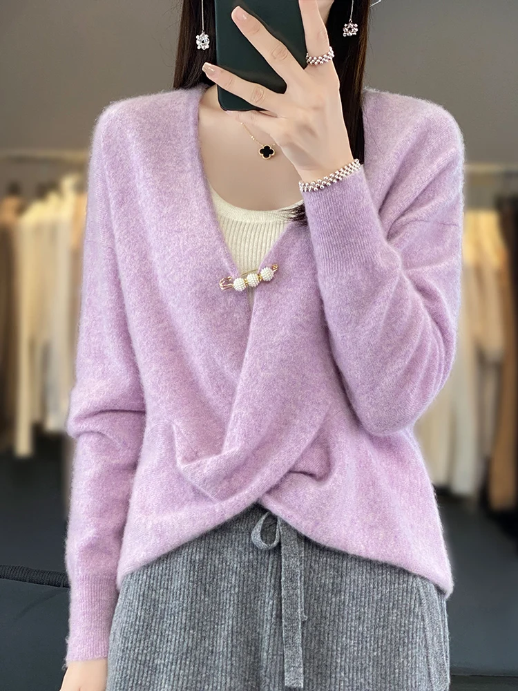 100% Merino Wool Sweater New Women V-neck Cross Collar Pullover Spring Autumn Office Lady Clothing Long Sleeve Knitwear Tops