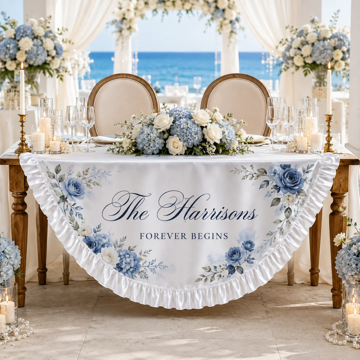 Custom Personalized Satin Wedding Table Overlay Ruffle Edge Elastic Fitted Table Topper Custom Name Date for Wedding Party Decor