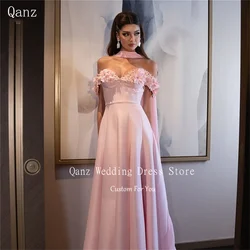 Qanz Customized Pink Evening Dresses Off The Shoulder Long A Line Flowers Vestidos De Fiestas Elegantes Mujer Formal Occasion