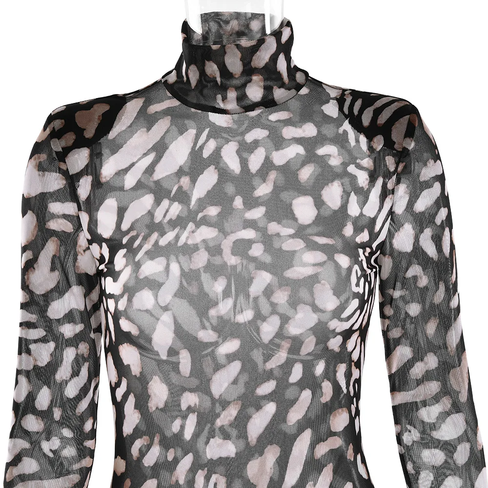 ハイネックセクシーなシースルーレオパード柄バンテージドレス女性のための長袖スリムエレガントな春ミニドレスパーティークラブドレス