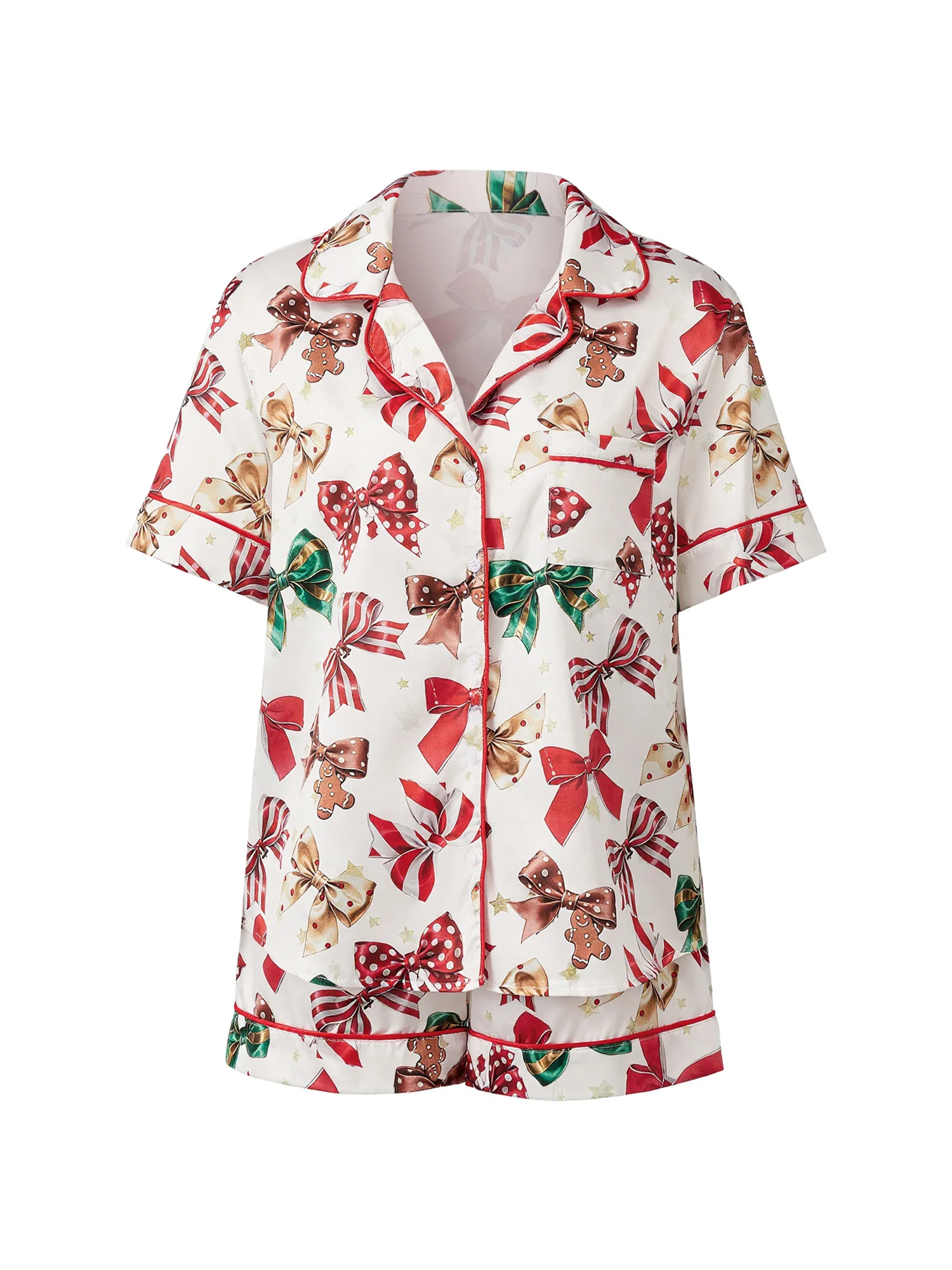 

Женский рождественский пижамный комплект с короткими рукавами и лацканами, рубашка с принтом «Рождественские элементы», шорты, одежда для сна