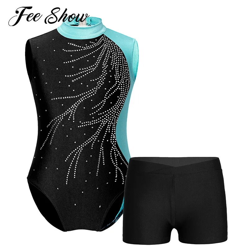 

Sport Dance Costumes for Kids Girls Sleeveless Shiny Rhinestone Hollow Back Gymnastics Ballet Dance Leotards with Shorts Bottoms