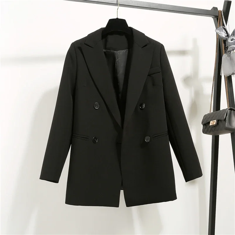 Blazer noir à double boutonnage pour femme, veste décontractée, manteau cranté, vêtements de travail, coréen, automne, hiver, 2023