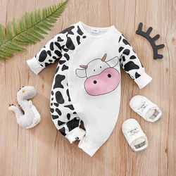 Spring And Autumn Boys And Girls Cute Cartoon Cow Print Comfortable Long Sleeve Baby Bodysuit