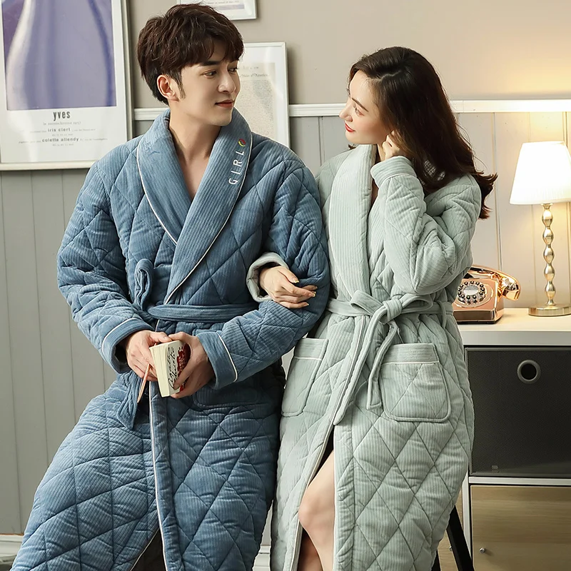 

Winter Couple Robe Thick Warm 3 Layer Clip Cotton Bath Robe Women And Men Home Clothing