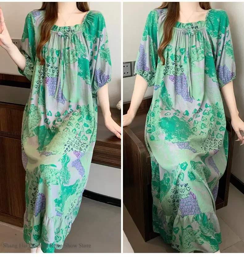 

Элегантная ночная рубашка с квадратным вырезом и цветочным принтом, весна-лето, длинная ночная рубашка из вискозы и поплина, одежда для дома, свободная ночная рубашка