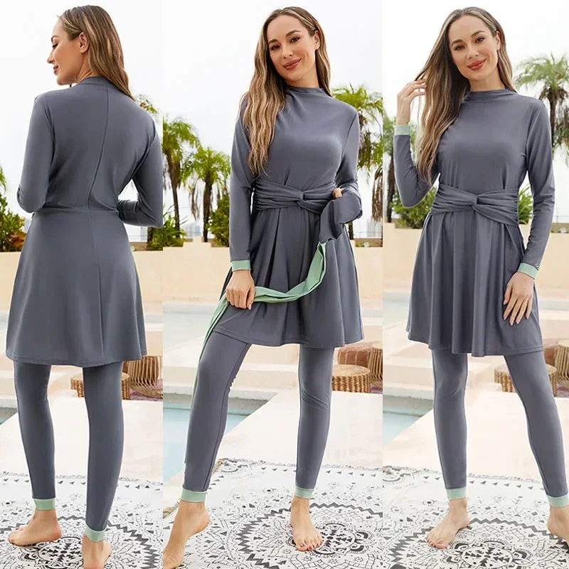 

3 Pieces Plus Size Muslim Swimwear 2025 Gray Ruffle Burkini Swimsuits Women Burkinis Long Tops Pants Cap Maillot De Bain Femme