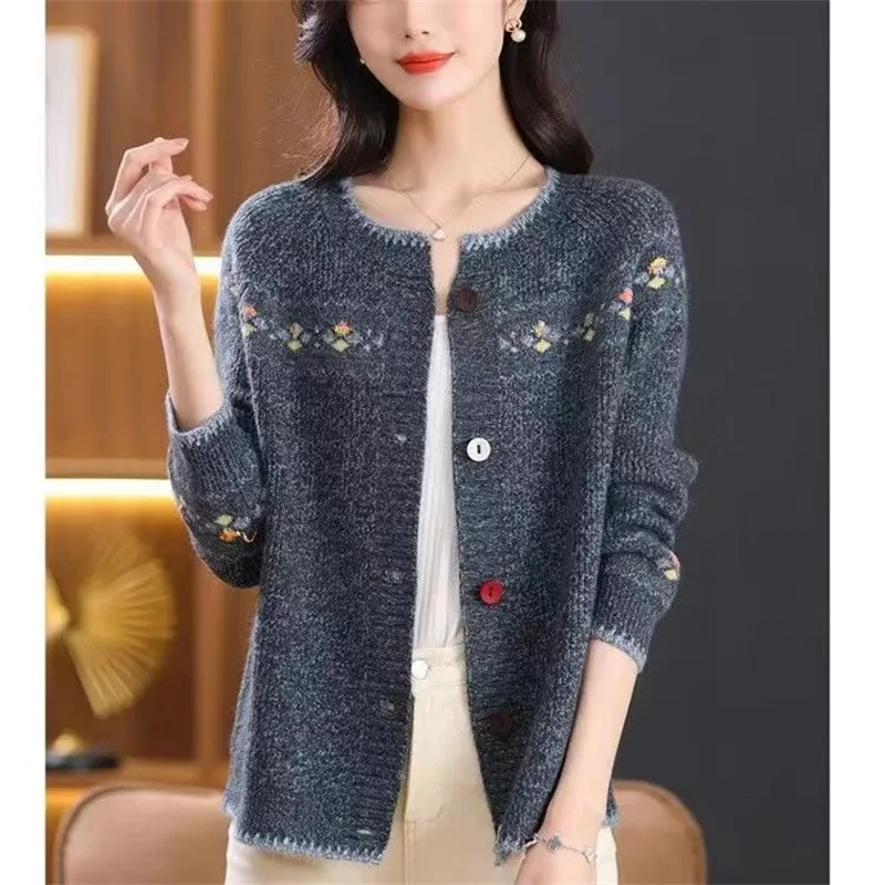 

Vintage Jacquard Knitted Cardigan Women Coat O-neck Long Sleeve Single Breasted Knitted Sweater Spring Autumn Jacket Female Tops