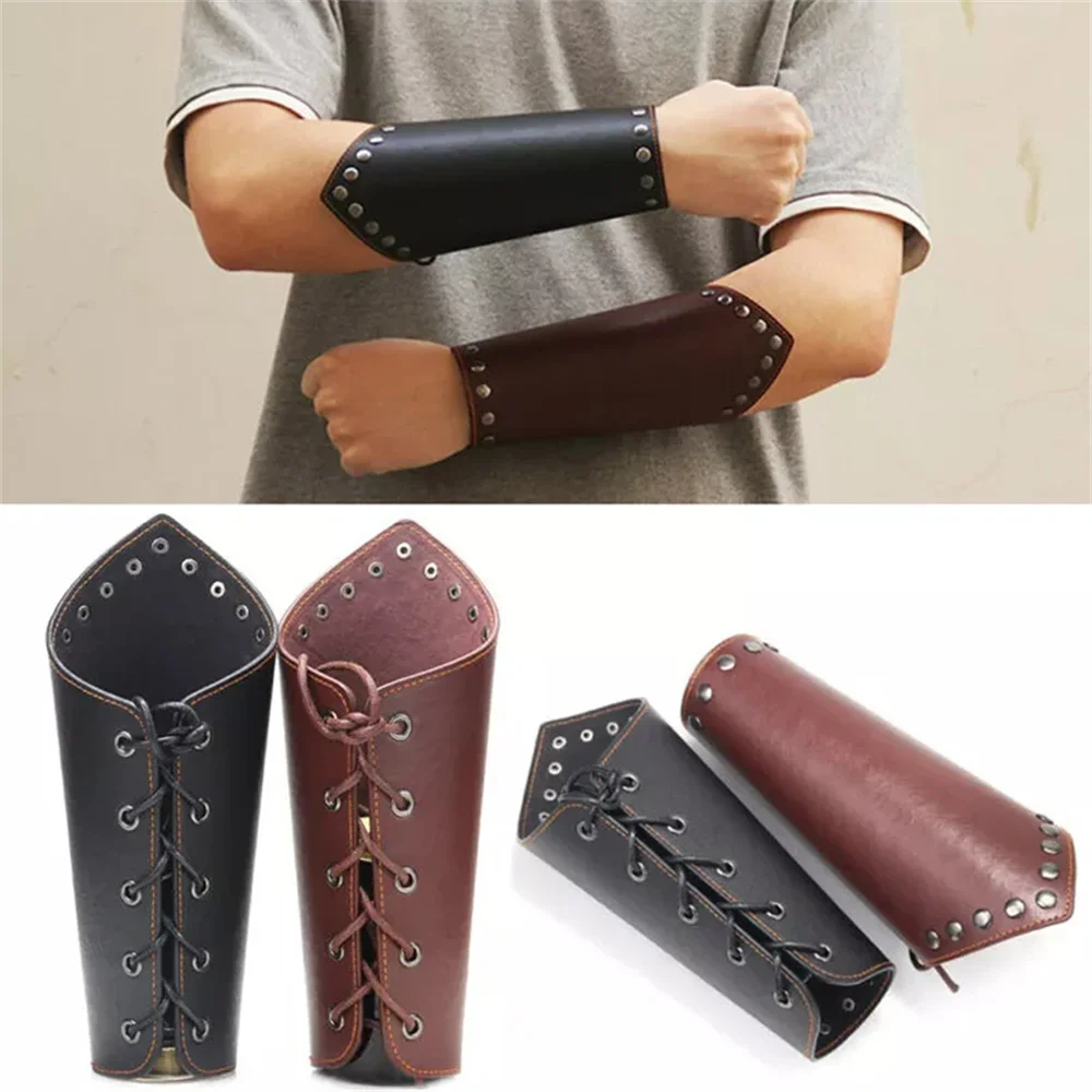 2pcs Medieval Steampunk Vintage Viking Knight Warrior Larp Cosplay PU Leather Bracer Scale Arm Armour Theatre Costume Prop