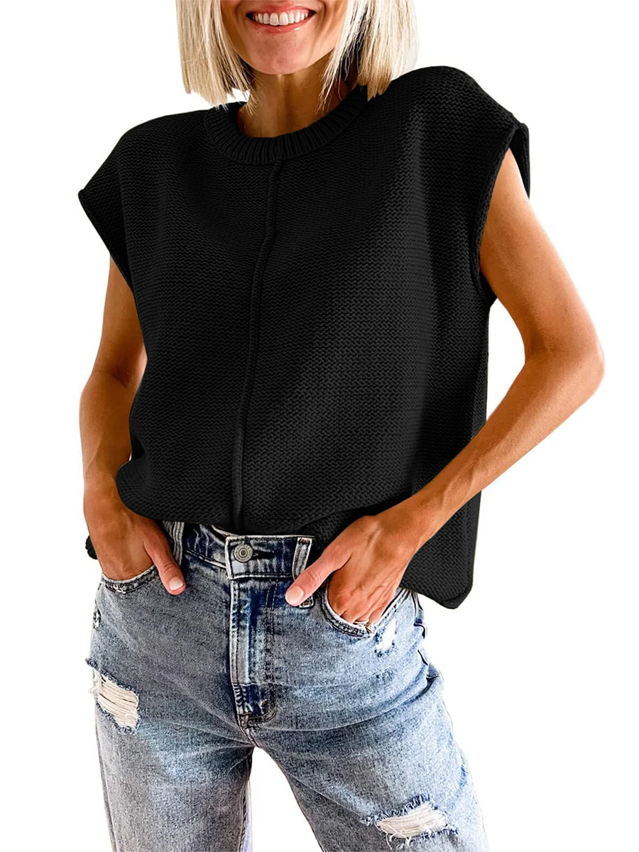 Women Solid Color Sweater Vests Crew Neck Cap Sleeve Loose Fit Pullovers Casual Knitted Tank Tops Streetwear